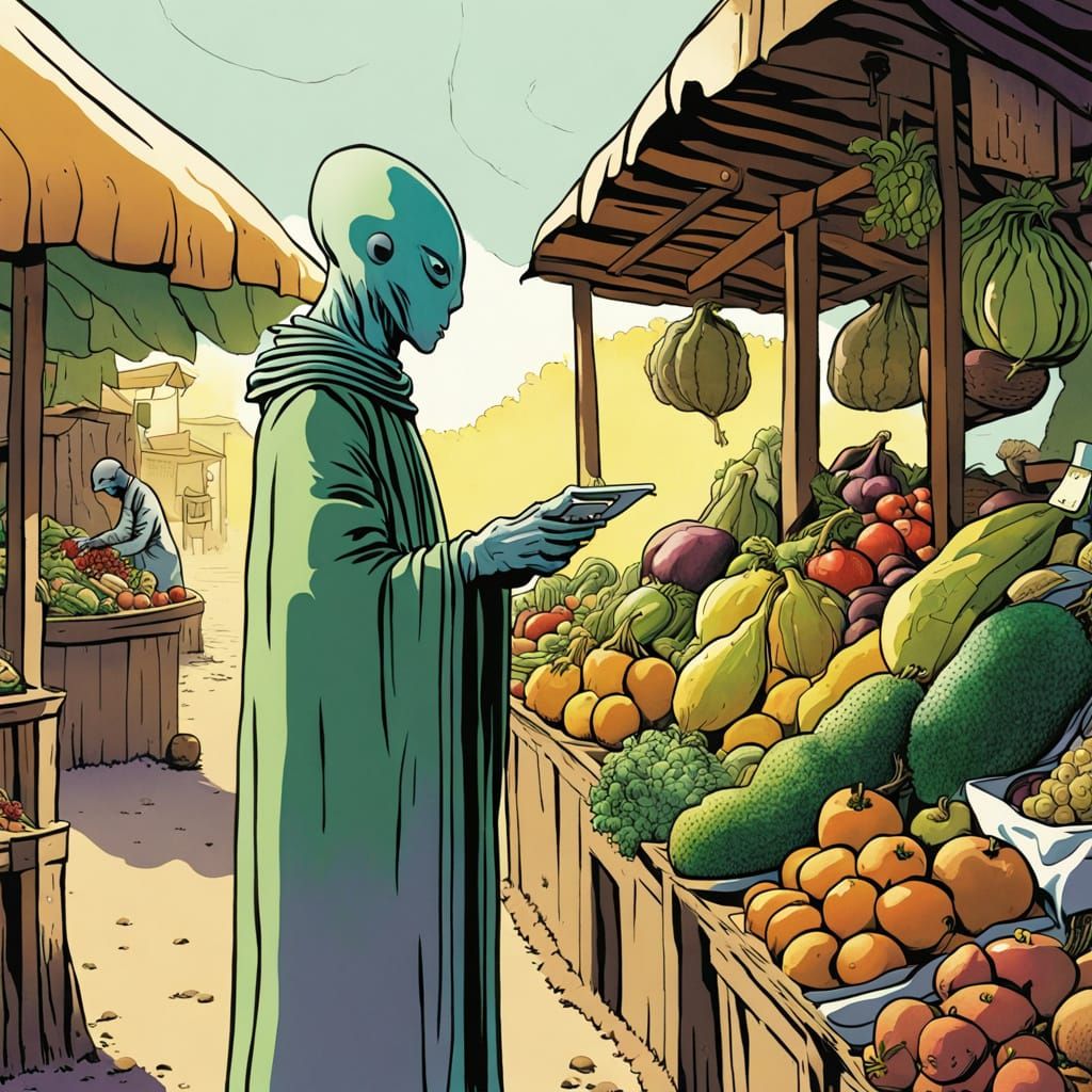 Alien Greengrocer in Moebius Comic Style