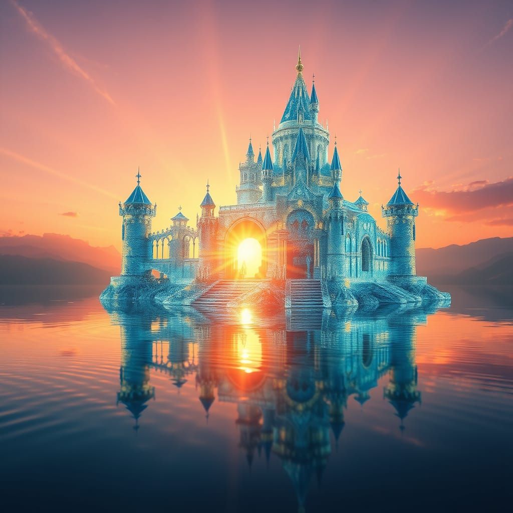 Majestic Water Castle Radiates Golden Sunset Colors