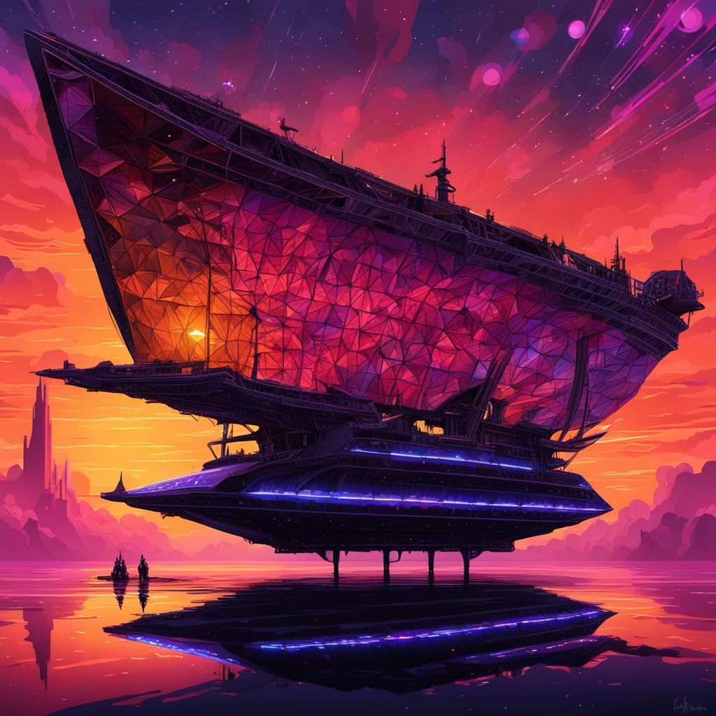 Space Cruise Ship Silhouette with Solar Sail