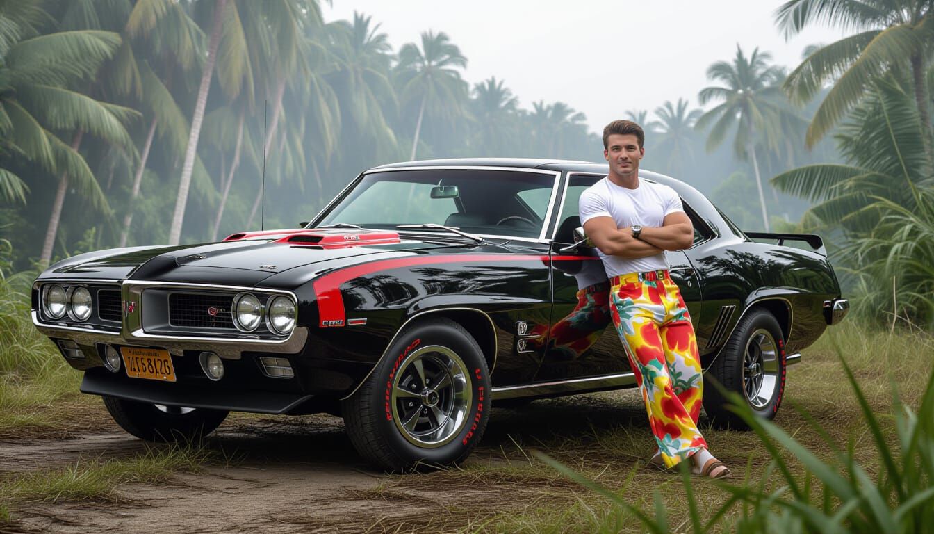 1969 Pontiac Firebird with Flames Decal in Jungle Clearing