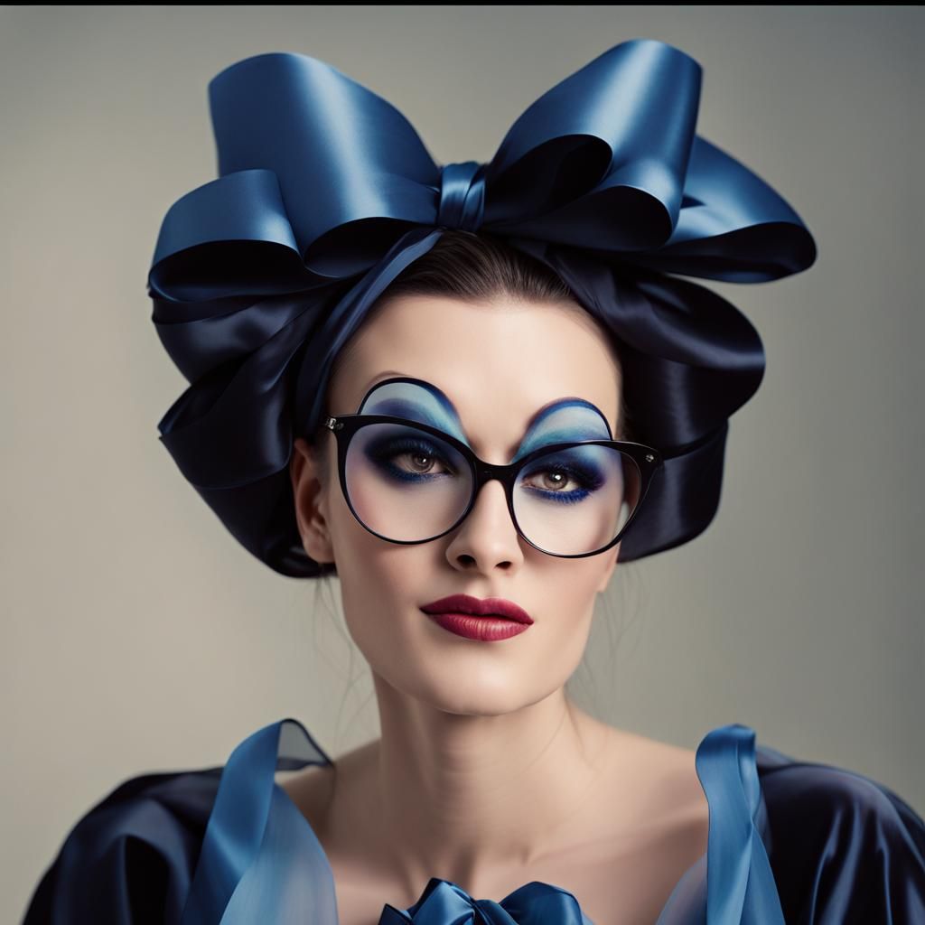 Woman wearing Satin Sissy Scarf Bow. Woman wearing a navy bl...