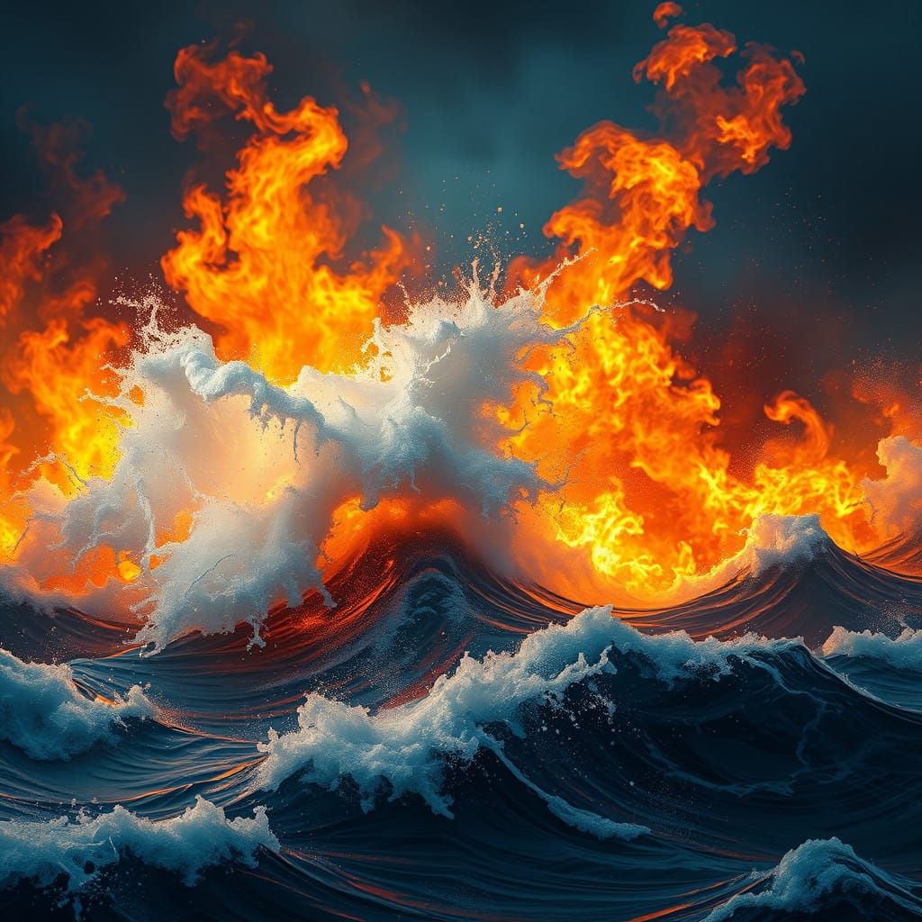 Epic Clash of Water and Fire in a Dreamlike Atmosphere