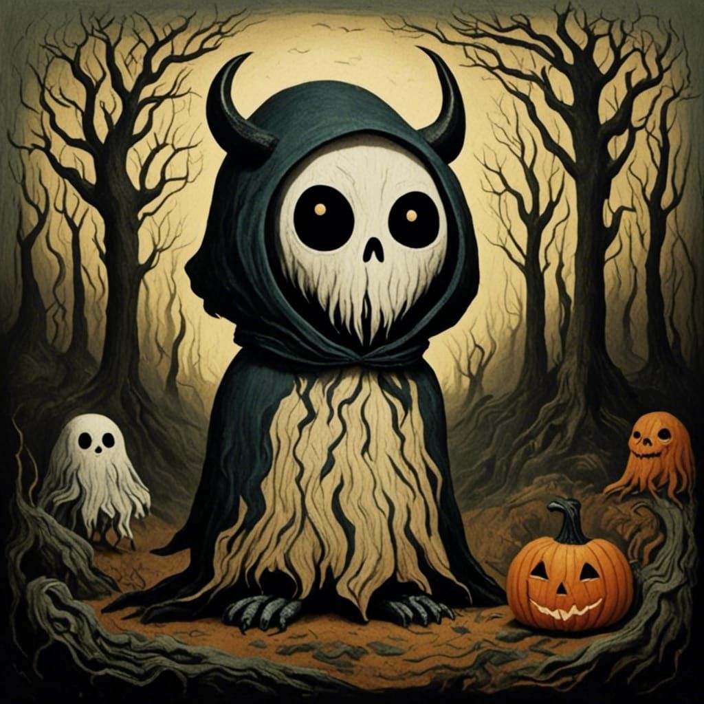 Cute Ghost Portrait in Woodcut Halloween Style