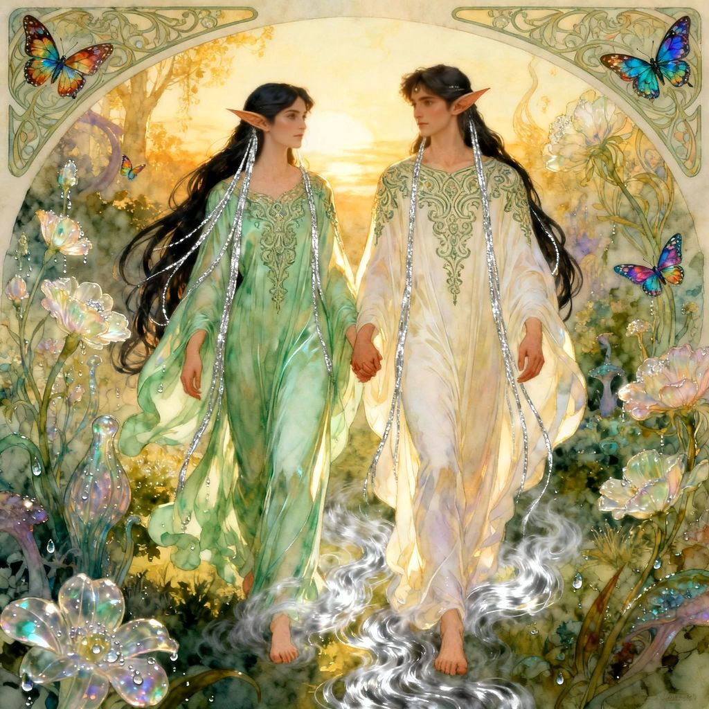 Elegant Elven Couple in Enchanting Garden