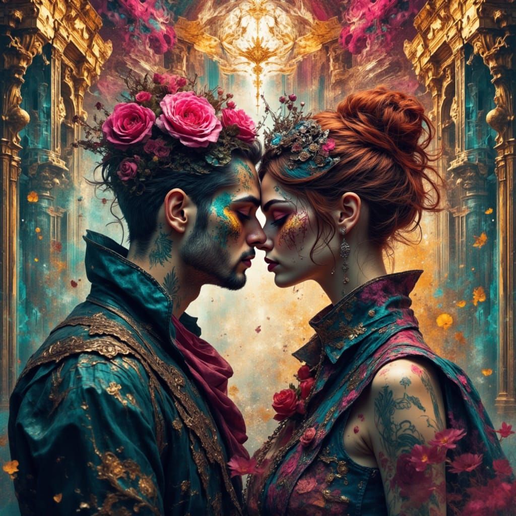 Men Kissing in Art Nouveau Rococo Dreamscape