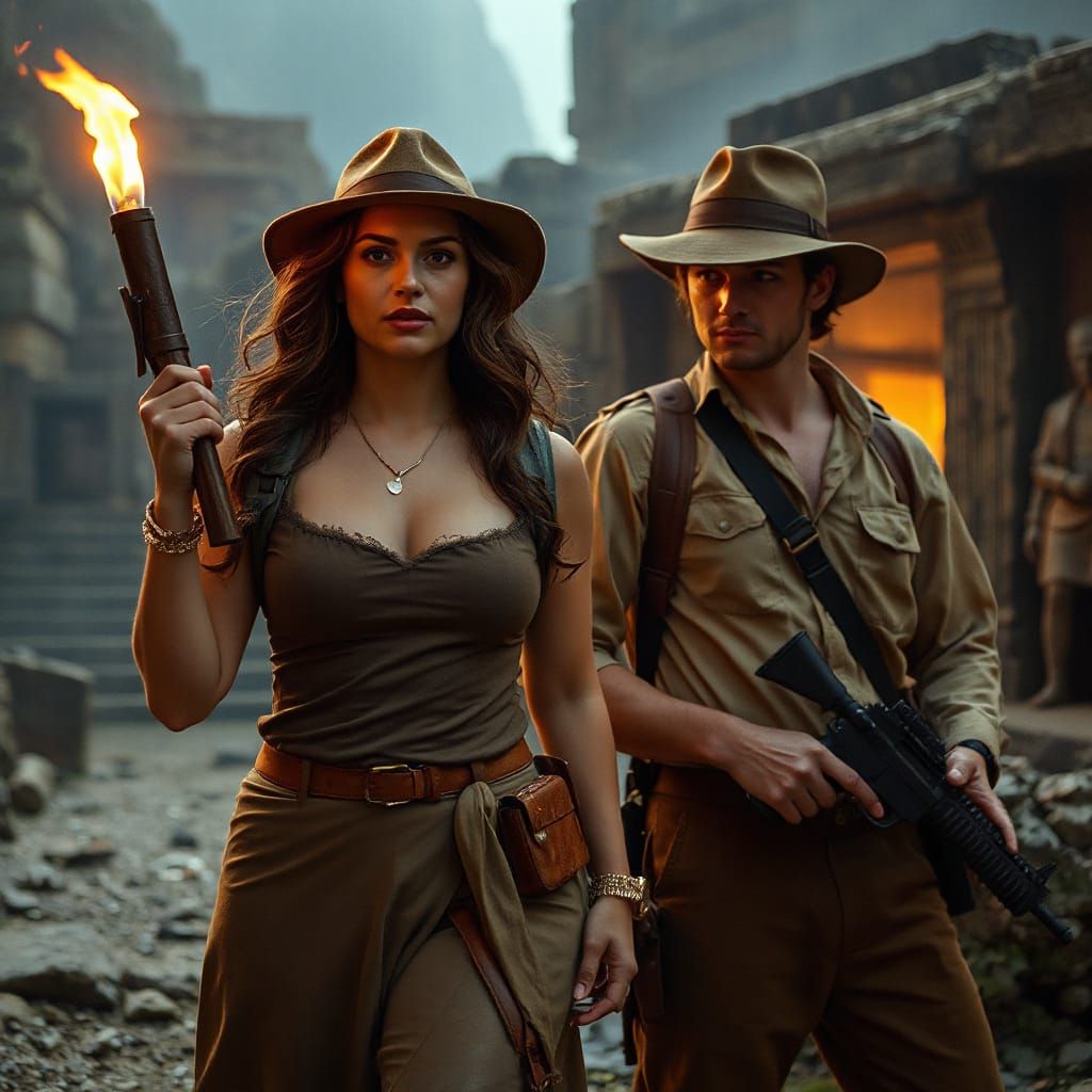 Adventurers Explore Ancient Temple in Cinematic Style