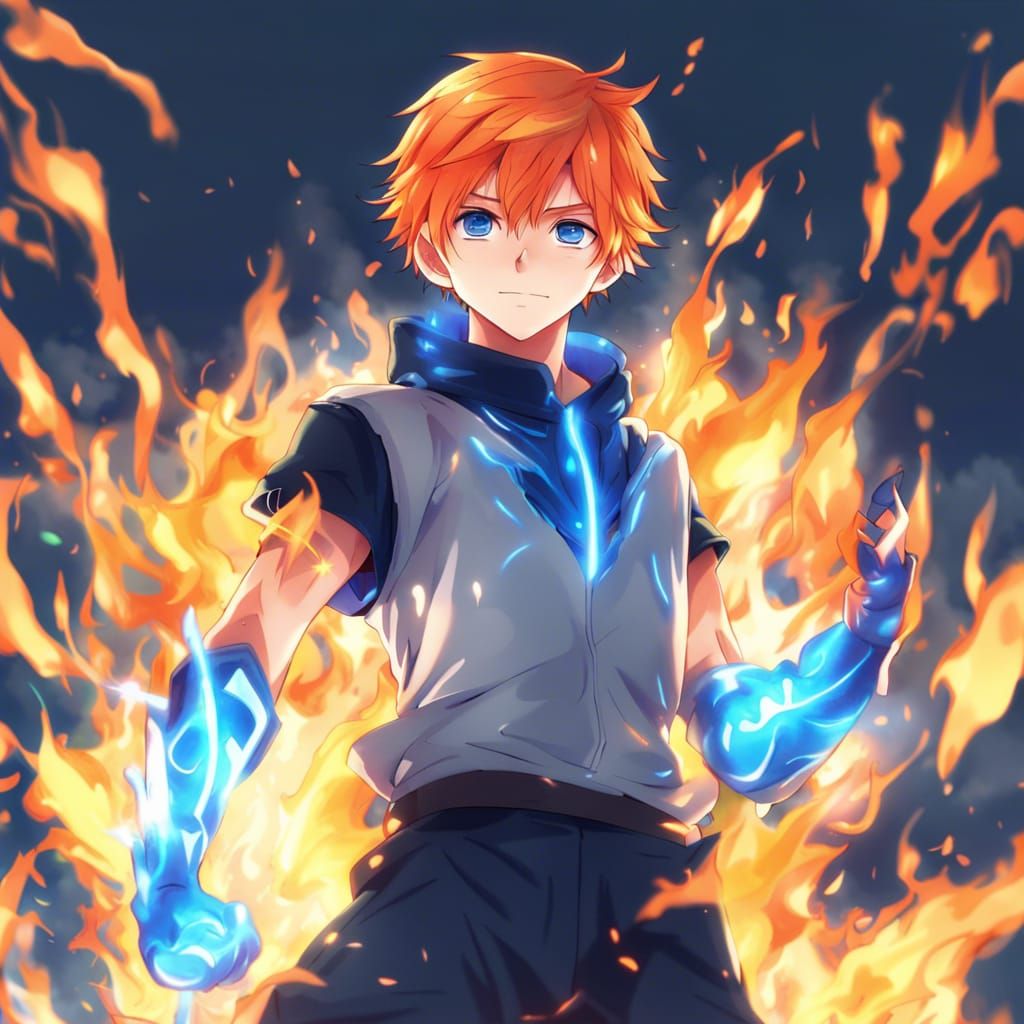 Anime Boy with Blue Fire Superpower in 4K