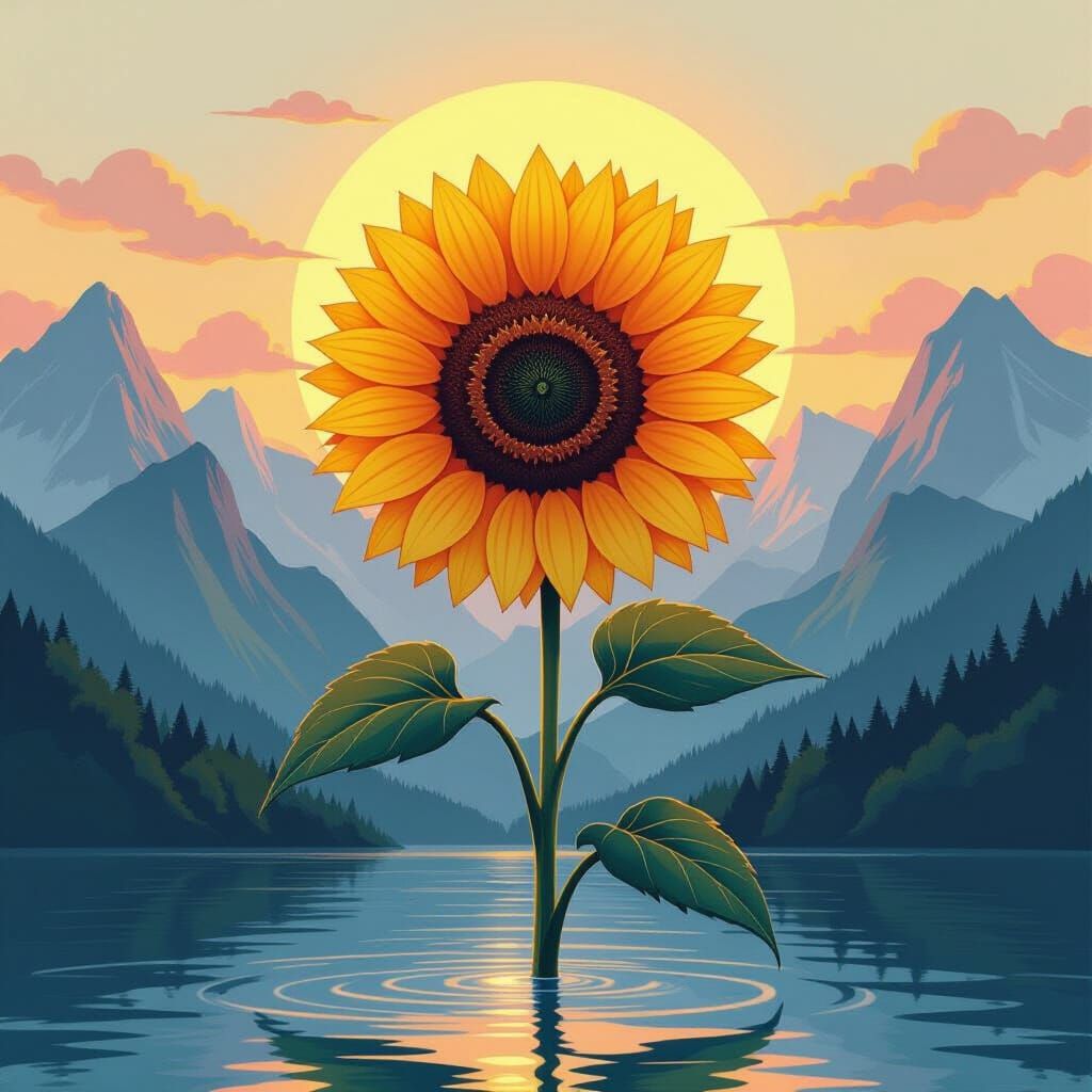 Sunflower Angel in Neon Watercolor Landscape