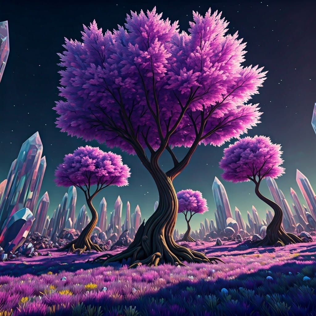 Purple Trees on Apple Planet in Digital Painting Style