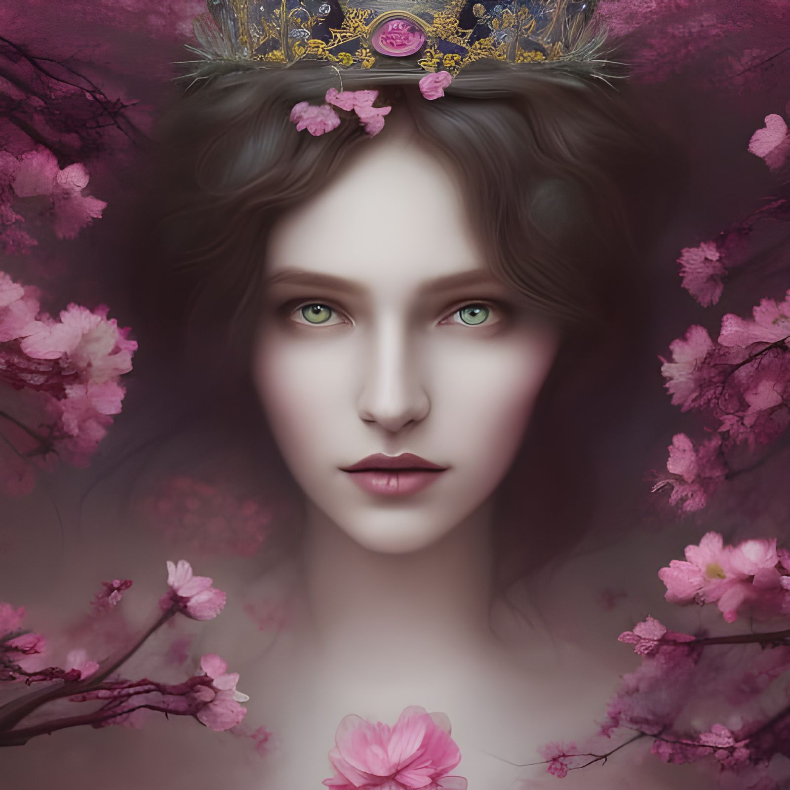 Cherry Blossom Queen Portrait in Digital Art Style