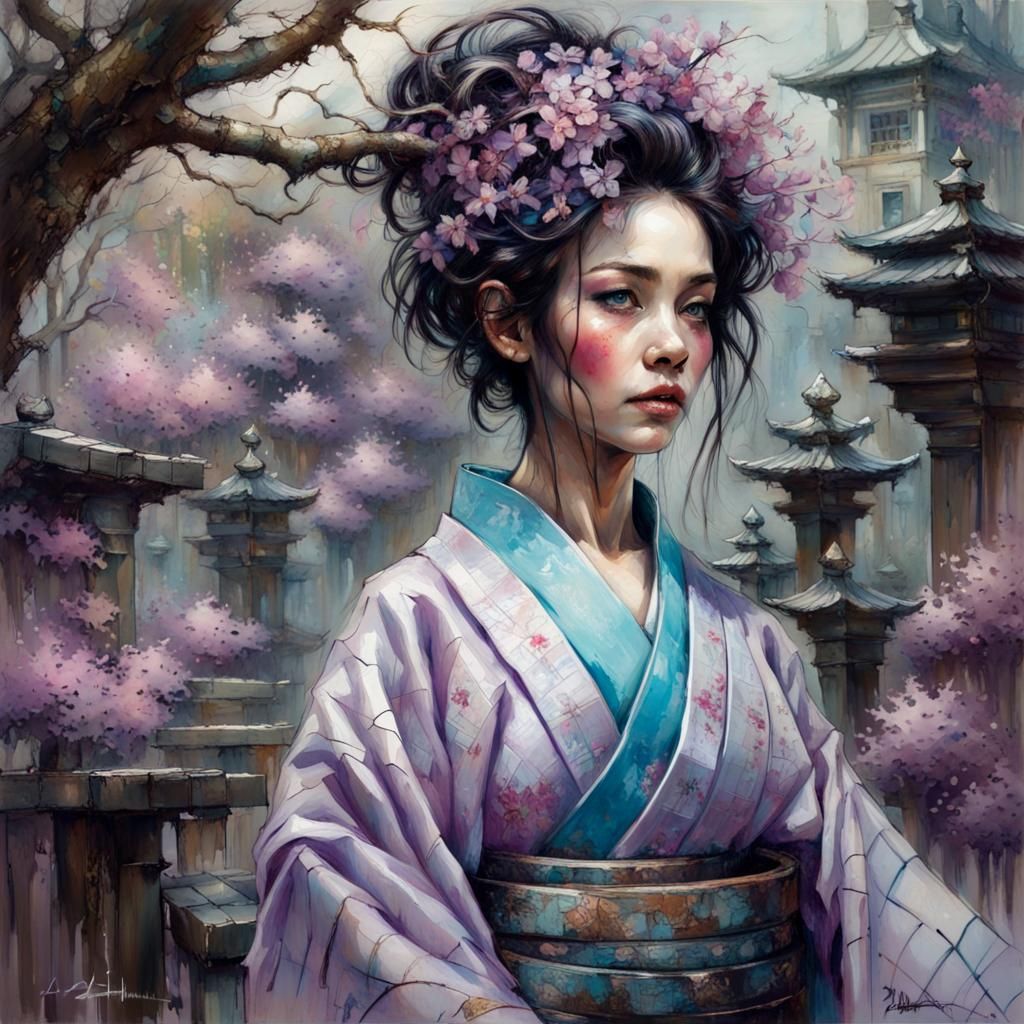 DALL E 3, A Beautiful Geisha in lilac and turquoise kimono, ...