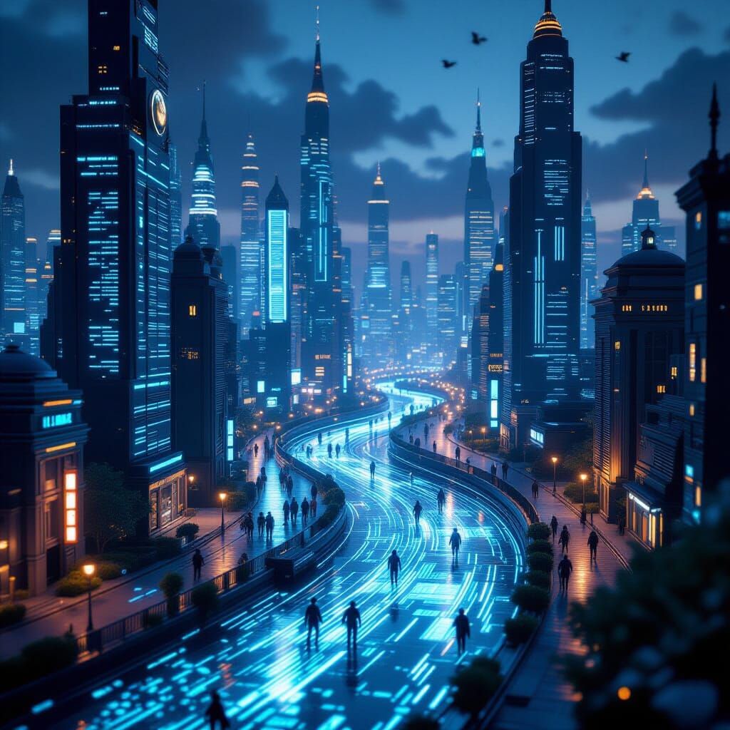 Miniature City Diorama at Dusk with Data Streams