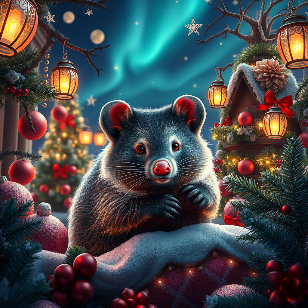Festive Wombat in a Christmas Fantasy Landscape