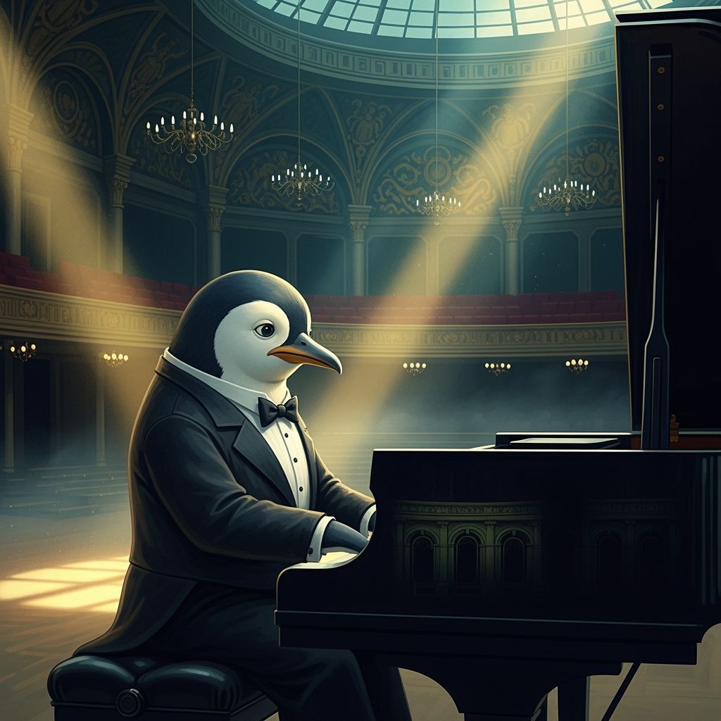 Penguin Plays Piano in Concert Hall, 3D Rendered