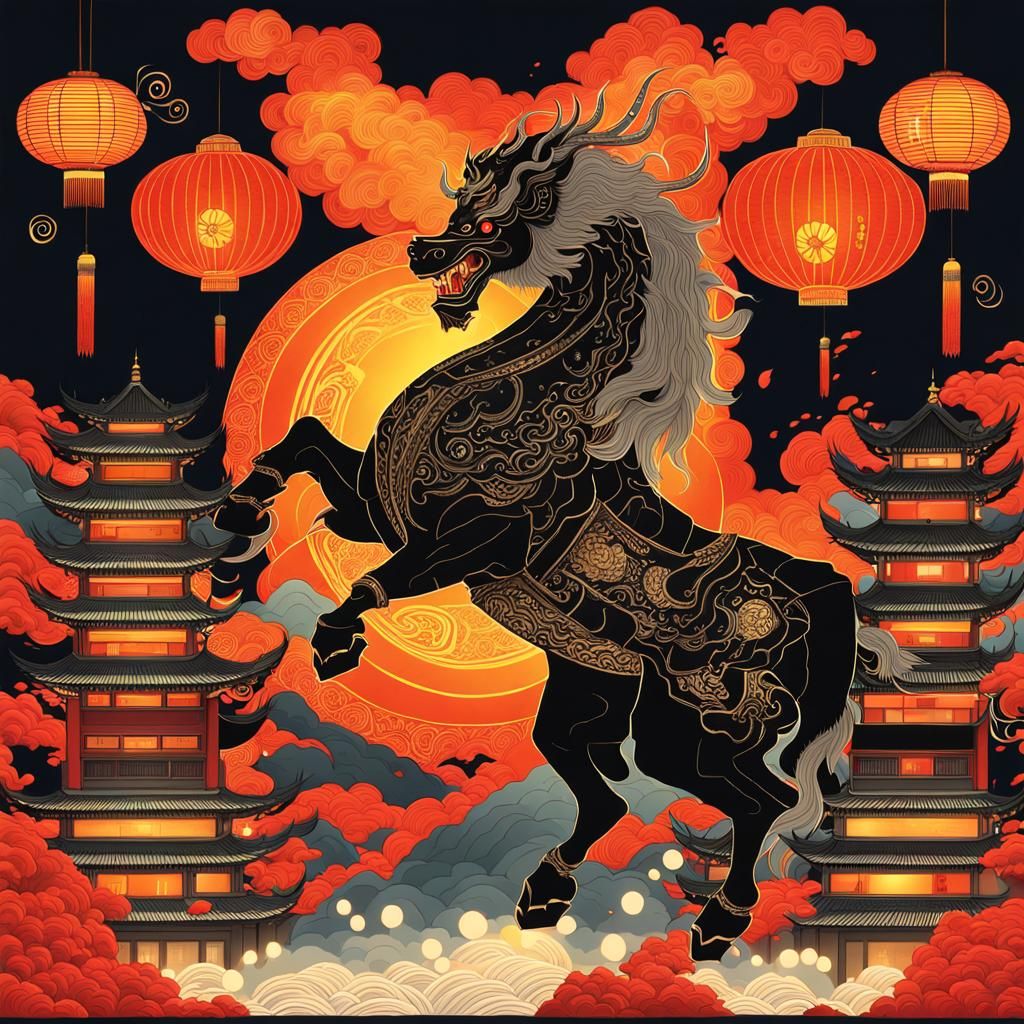 Mythical Black Kirin in Ancient Chinese City