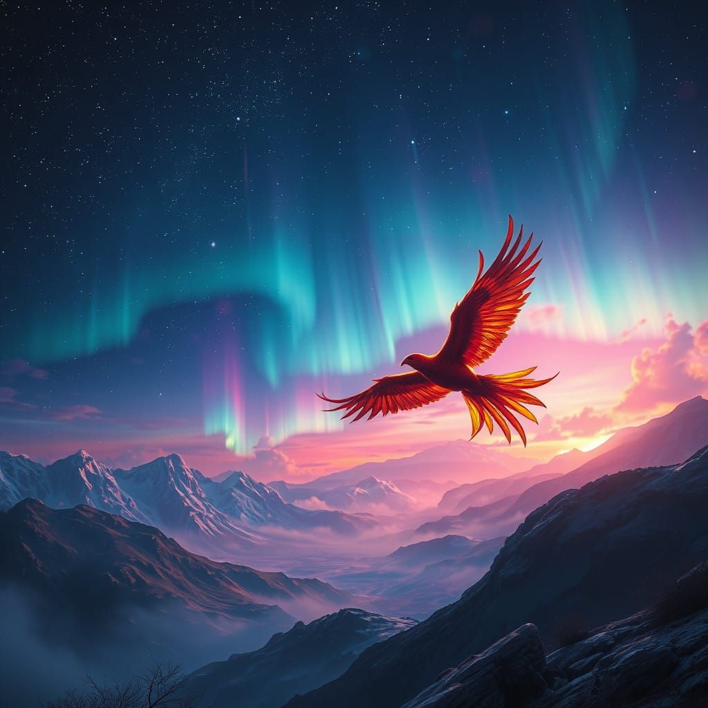 Majestic Phoenix Soars Through Celestial Aurora
