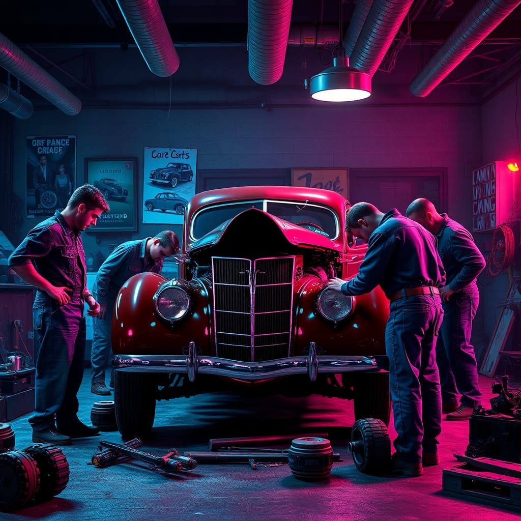 Mechanics Rebuilding 1936 Dodge Coupe in Fluorescent Garage