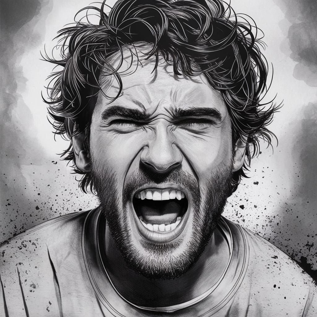 Charcoal Drawing of a Screaming Man