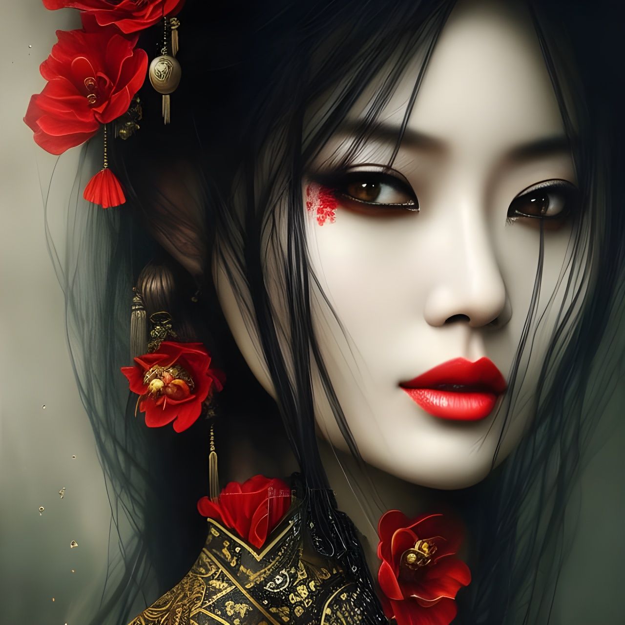 Chinese Woman Portrait with Red Poppies, Goya Style