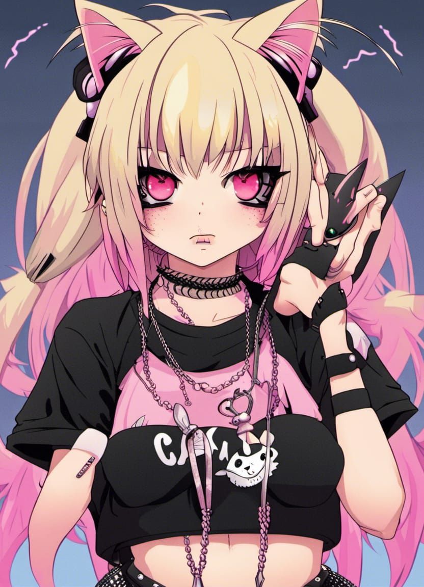 Anime Neko Girl with Piercings in Punk Style