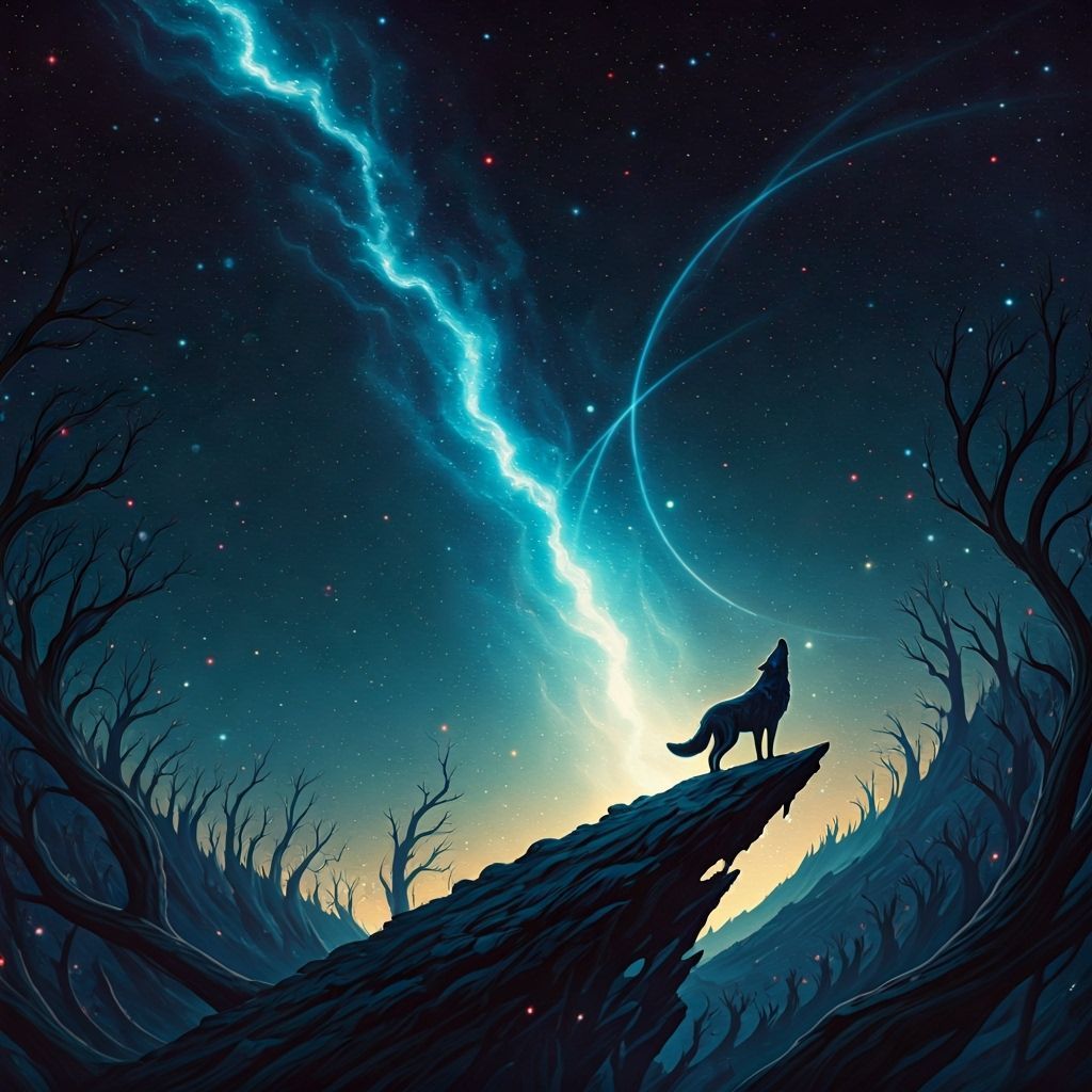 Starlight Wolf Howling at Cosmic Horror Sky