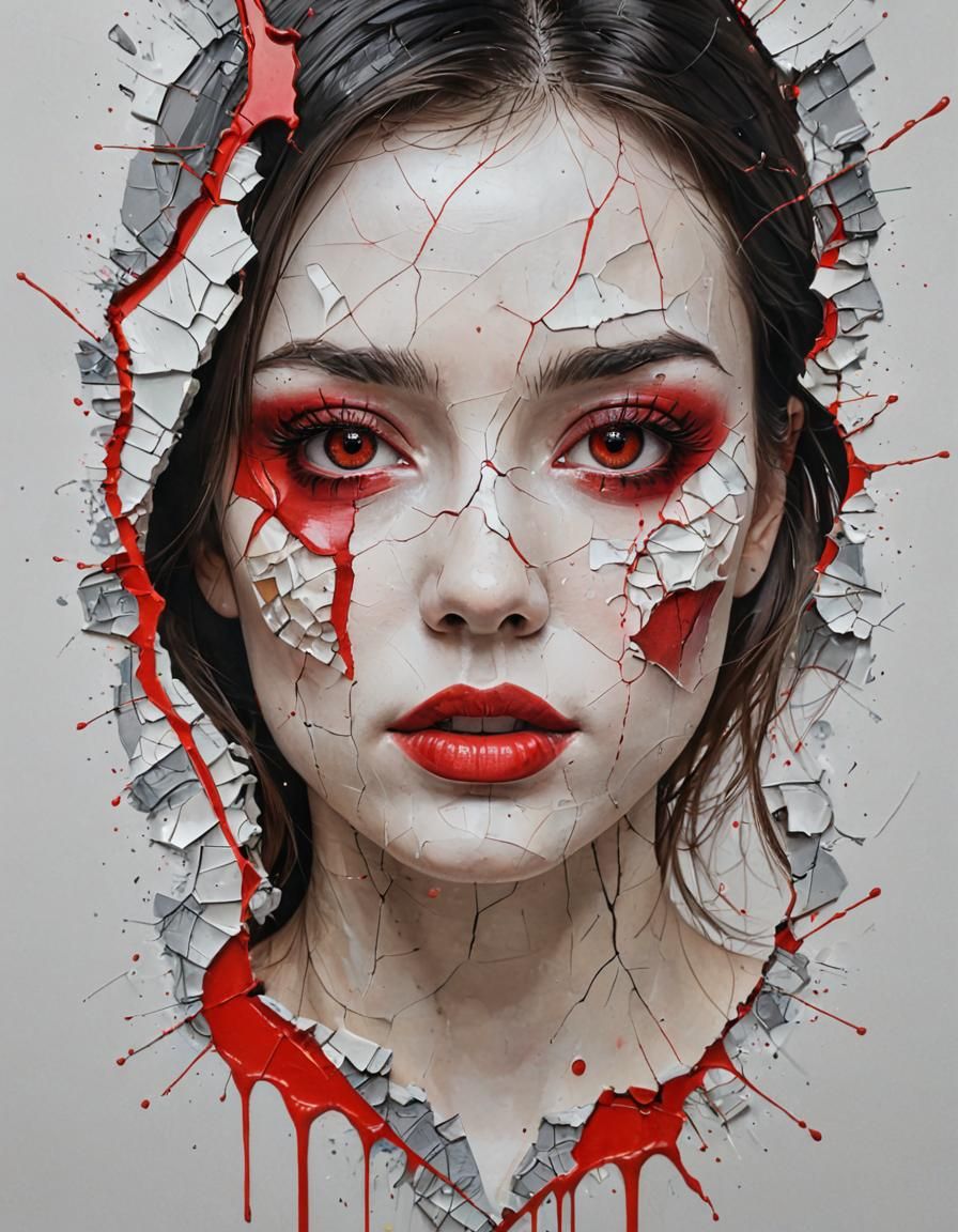 Minimalist Red Eyed Woman with Cracked Paint