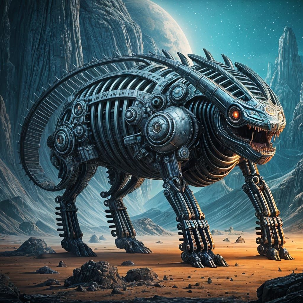 Hyperreal Mechanical Creature in Alien Landscape