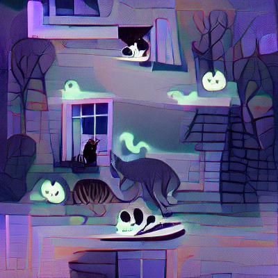 Spooky Cat in Dark Halloween Scene