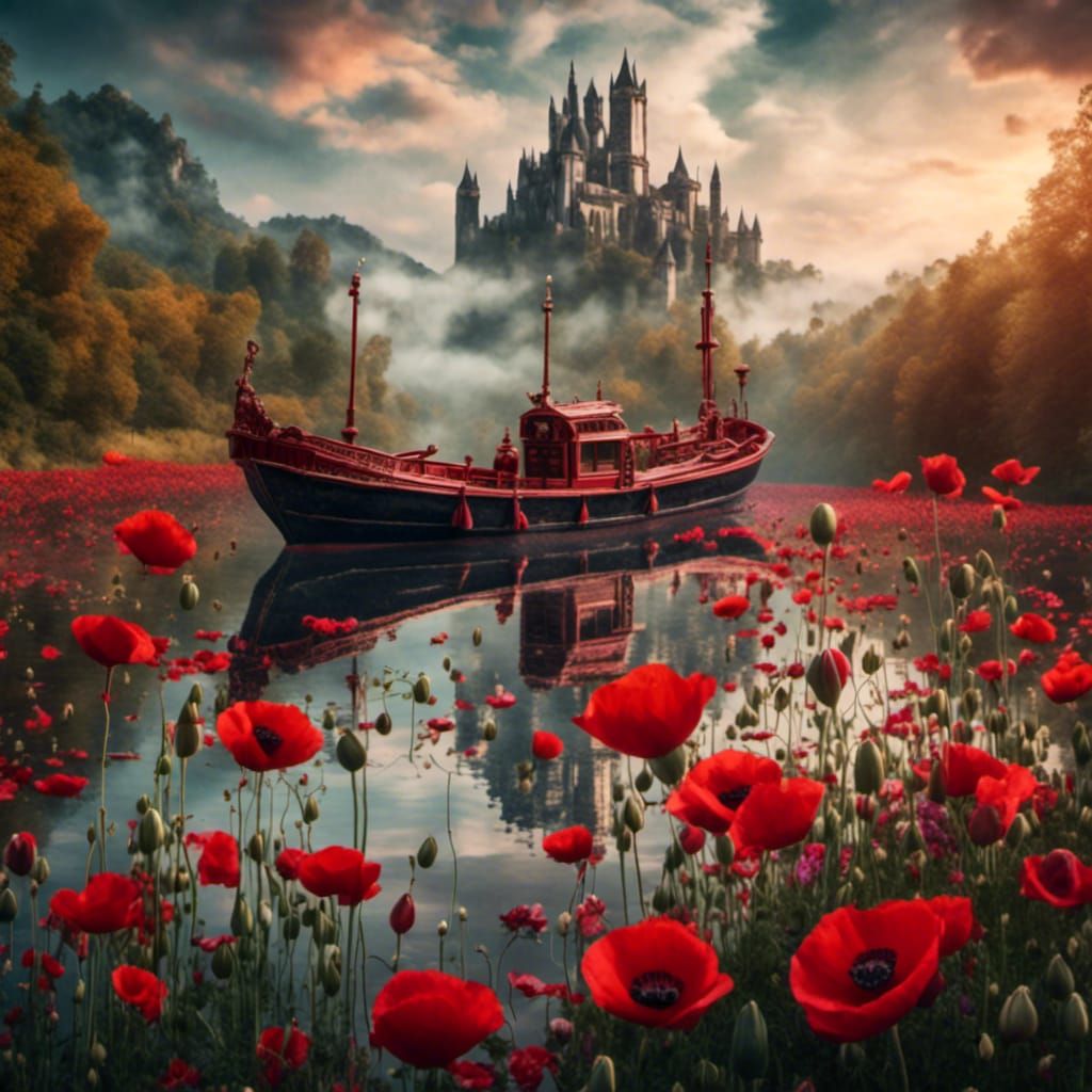 Opium Poppy Syringe Boat on River in Gothic Style