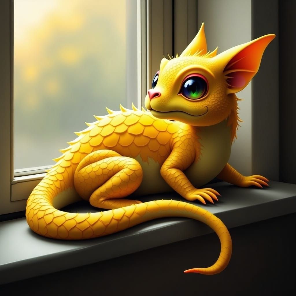 Mischievous Cat-Scaled Dragon on Windowsill
