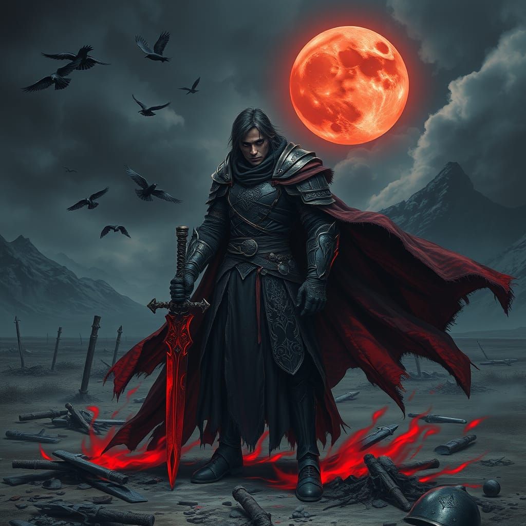 Cyberpunk Warrior in Crimson Armor Stands on Desolate Battle...