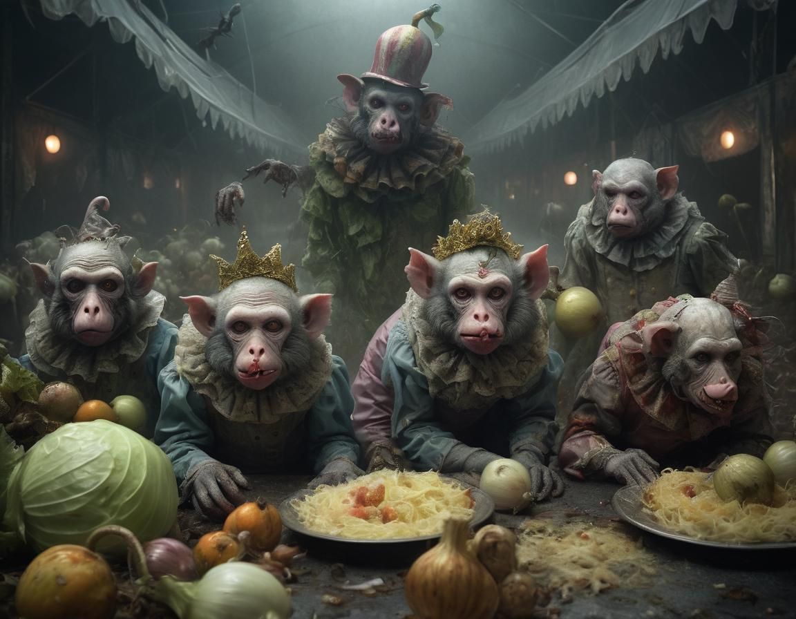 Eerie Zombie Hybrids in Abandoned Carnival: Dark Surrealism