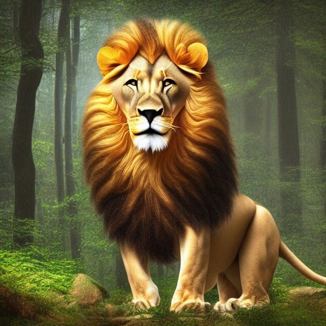 Photorealistic Lion in Forest Digital Art