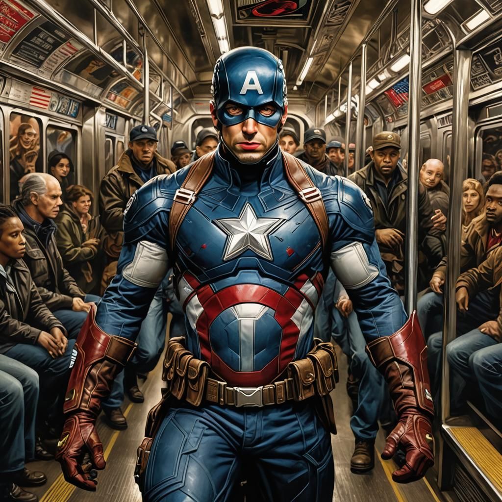 CAPTAIN AMERICA riding the NYC subway ,
