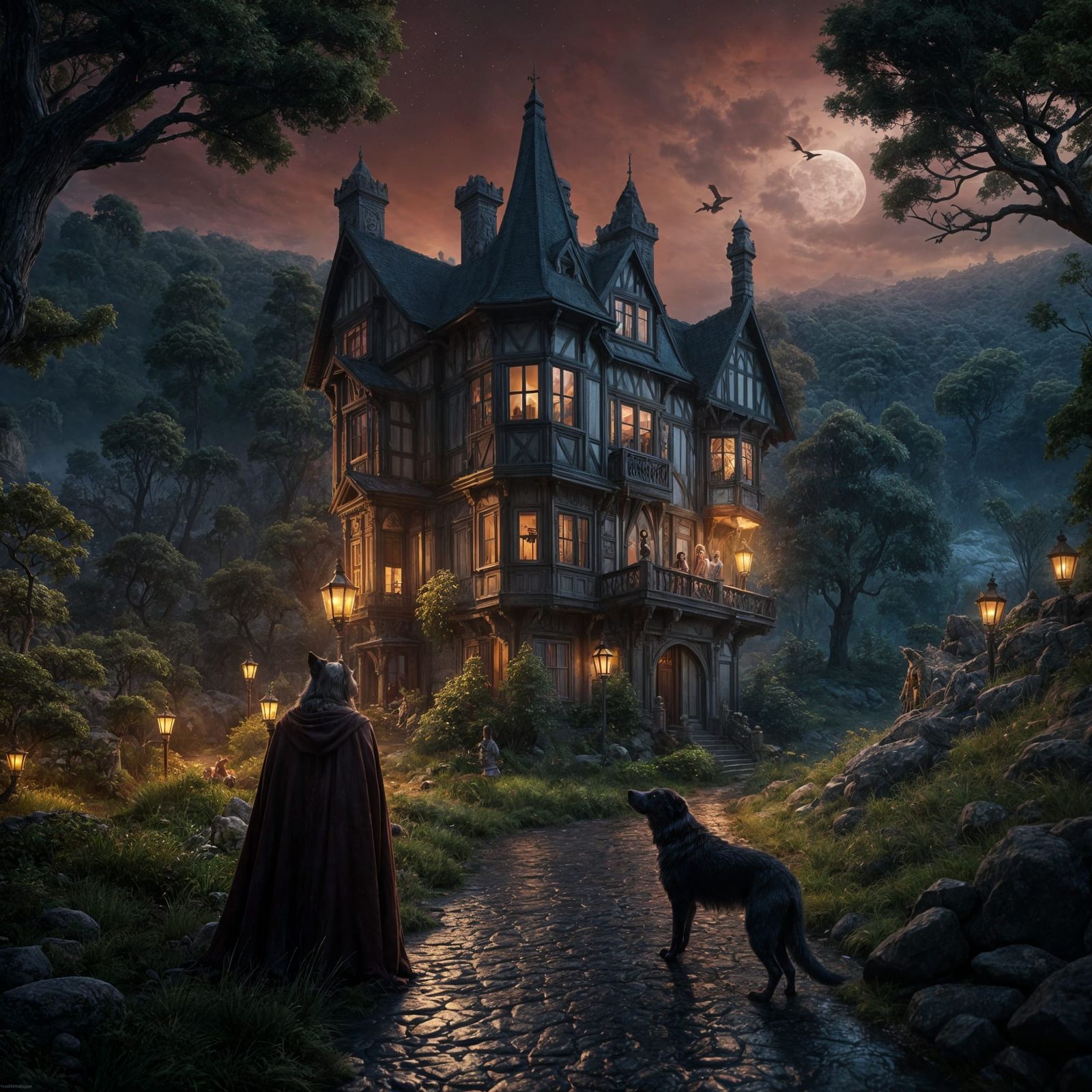 Wednesday Addams and Hound of Baskervilles at Night