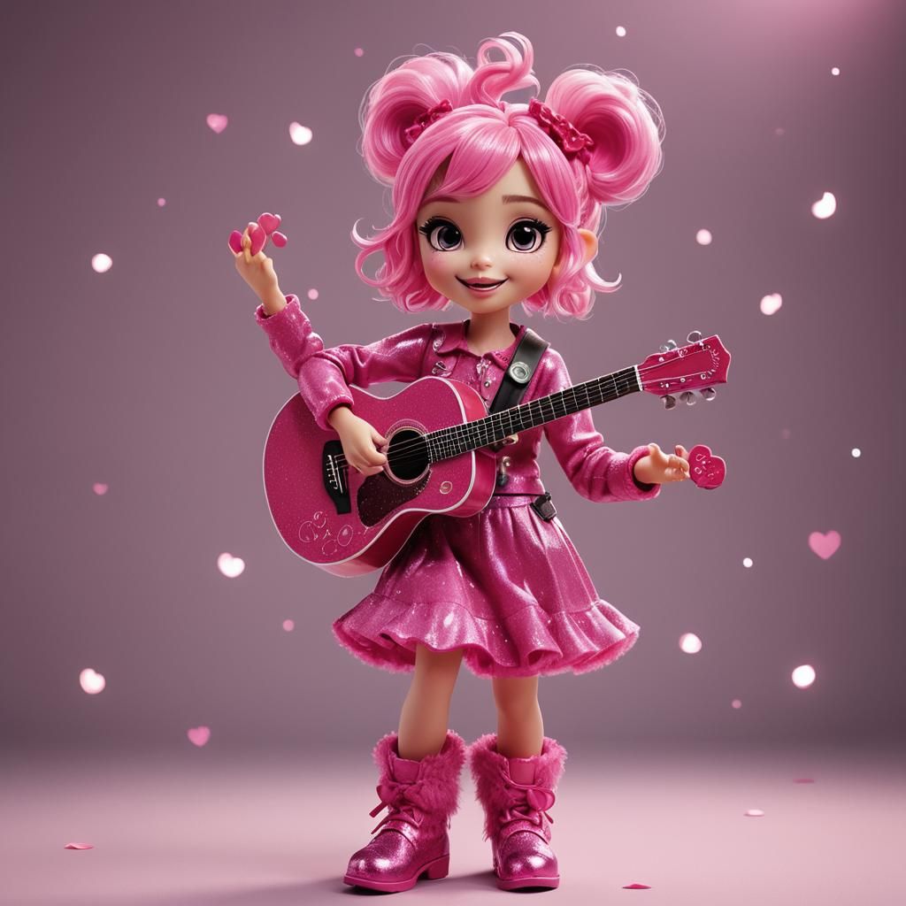 Joyful Pink-Haired Guitarist on Stage in Detailed Matte Pain...