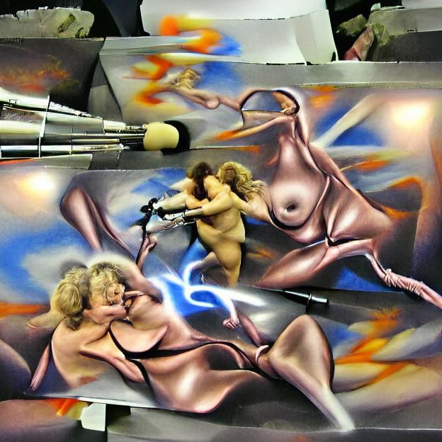 Nude Women in Death Fight: Airbrush Art