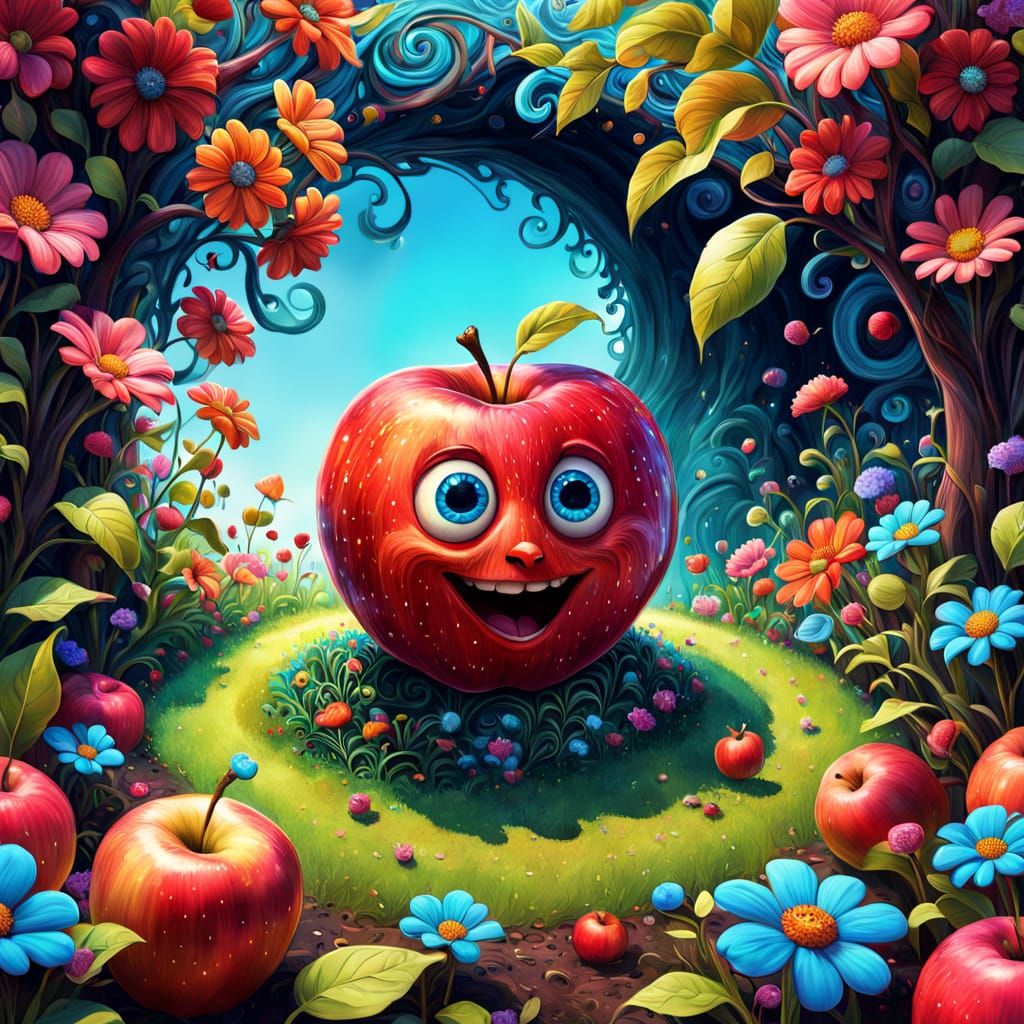 une POMME ROUGE un peu désechée   EN 3D dans un jardin fleur...