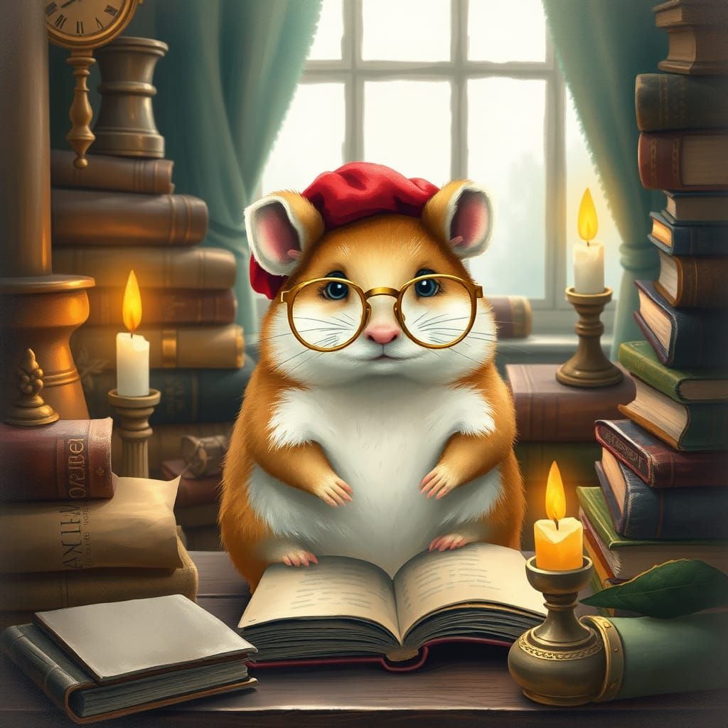 Whimsical Hamster in Beret, Illustrated Style