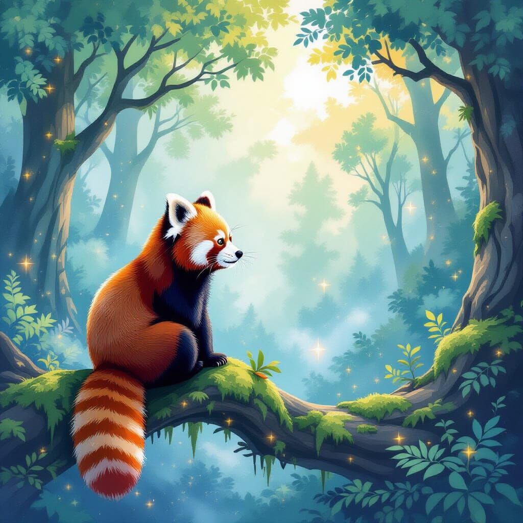 Red Panda in Fantastical Cosmic Forest