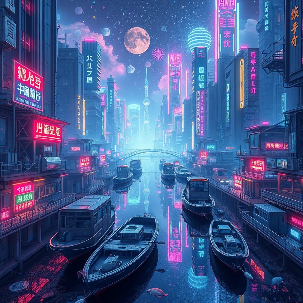 Futuristic City With Robotic Fishers Along Neon Canals