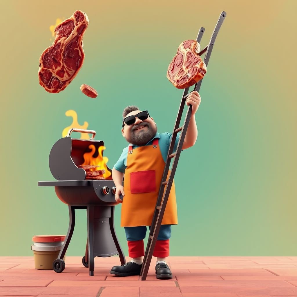 Dad with Ladder at BBQ: Whimsical 3D Render