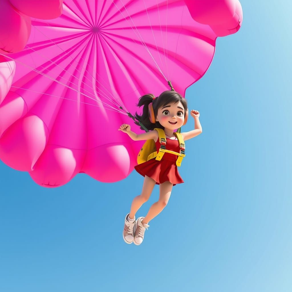 Girl with Parachute in Vibrant 3D Rendered Style
