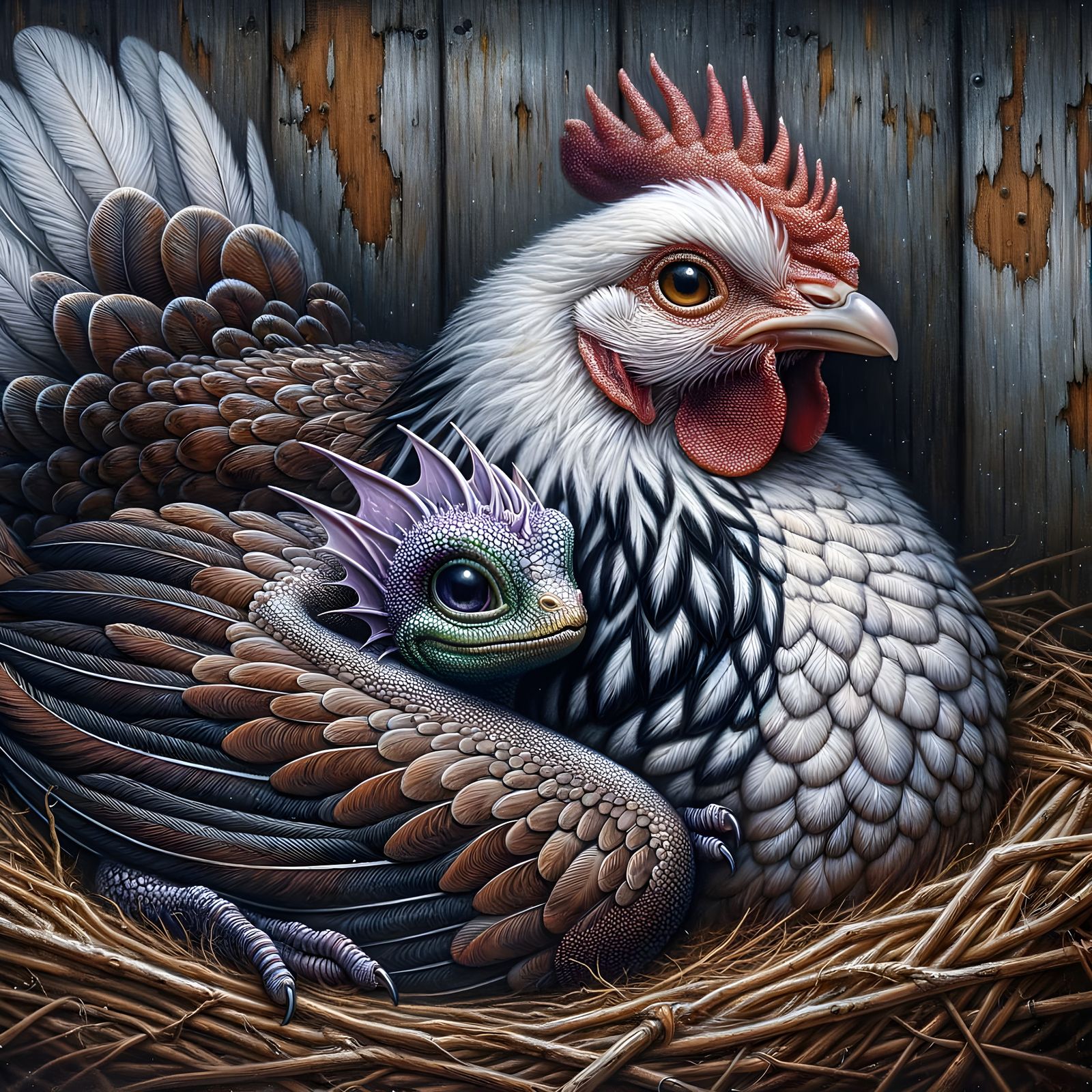 Wyandotte Hen Protects Baby Dragon on Nest