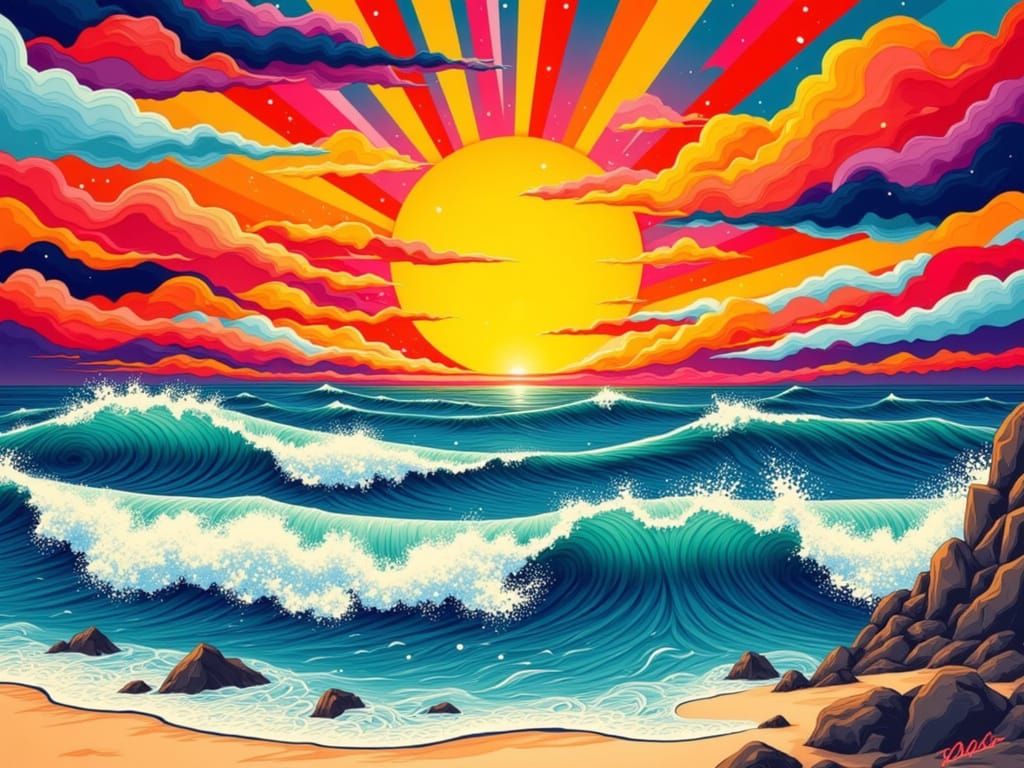 Vibrant Sunset Over a Dynamic Japanese Ocean Scene