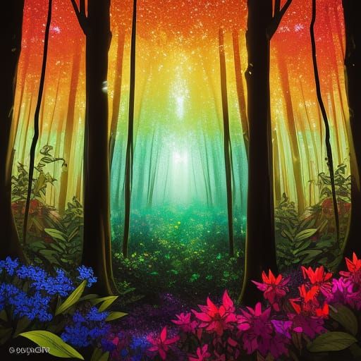 Surreal Stained Glass Forest Scene Radiates Warmth and Light