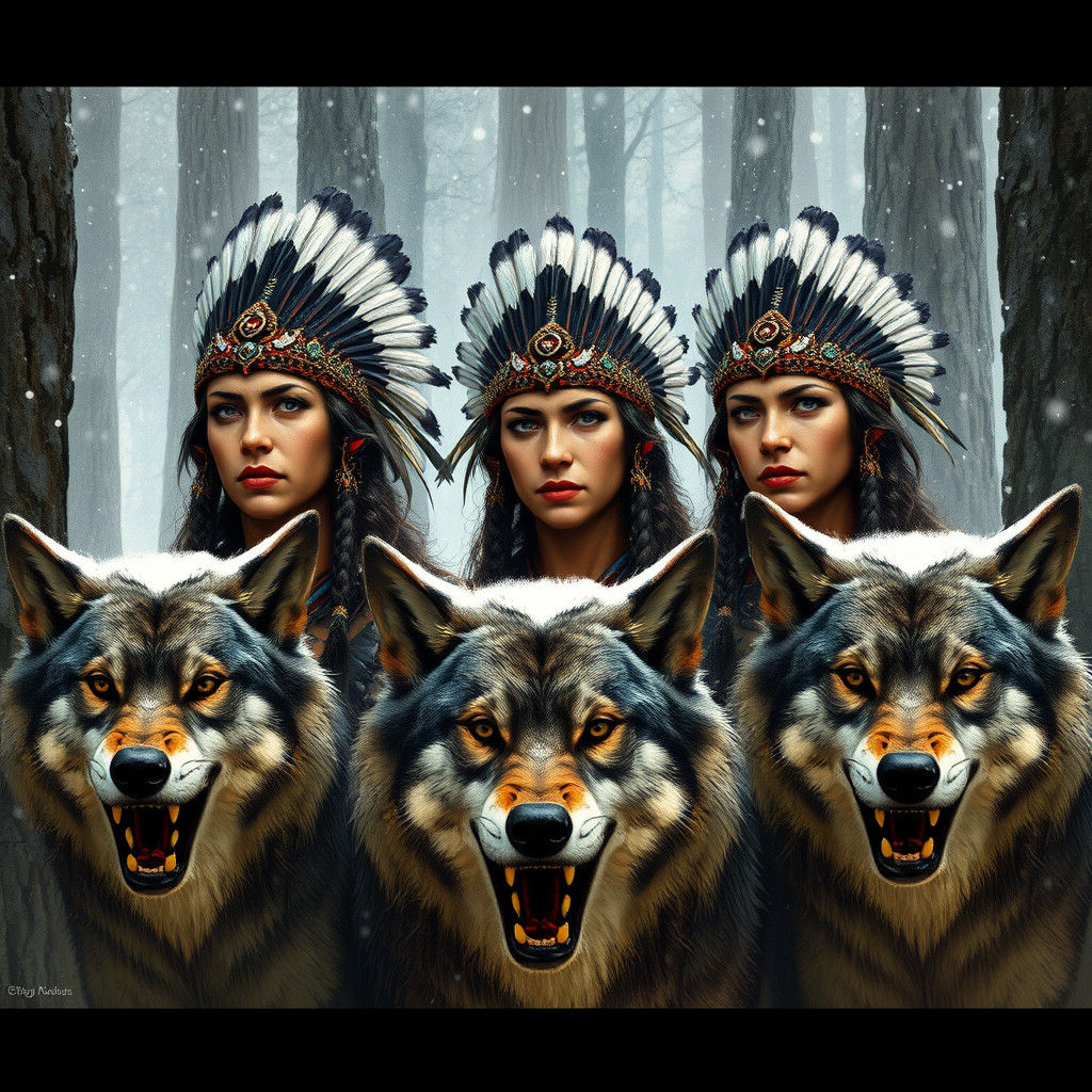 Native Warriors and Wolves in Snowy Forest