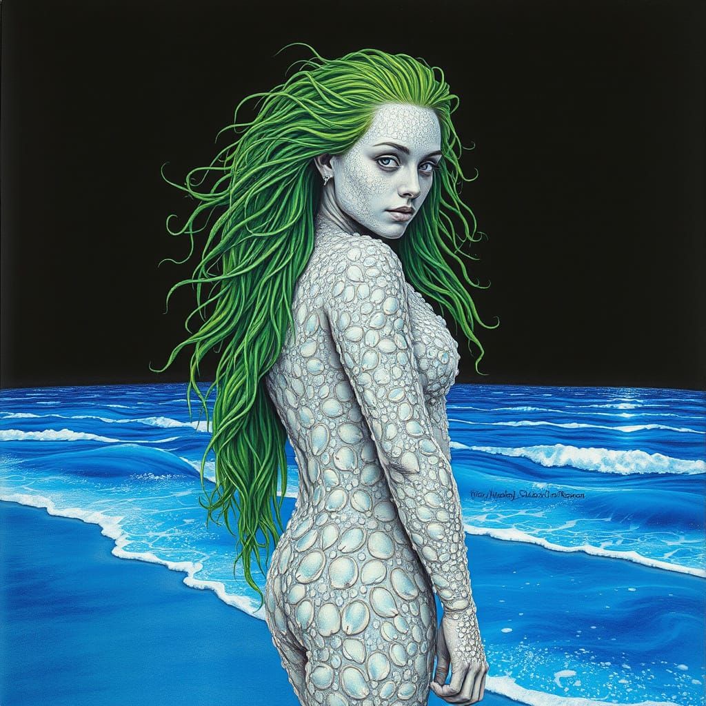 Surreal, Pearlescent Goddess Emerges from Cosmic Tides