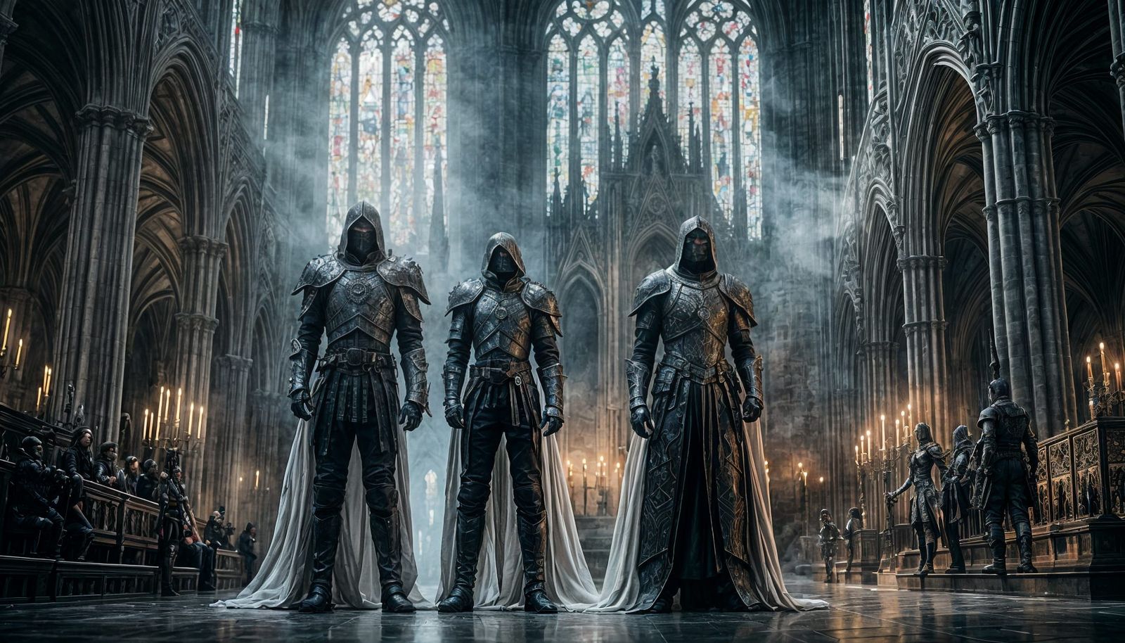 Gothic Armored Soldiers in Futuristic Cathedral