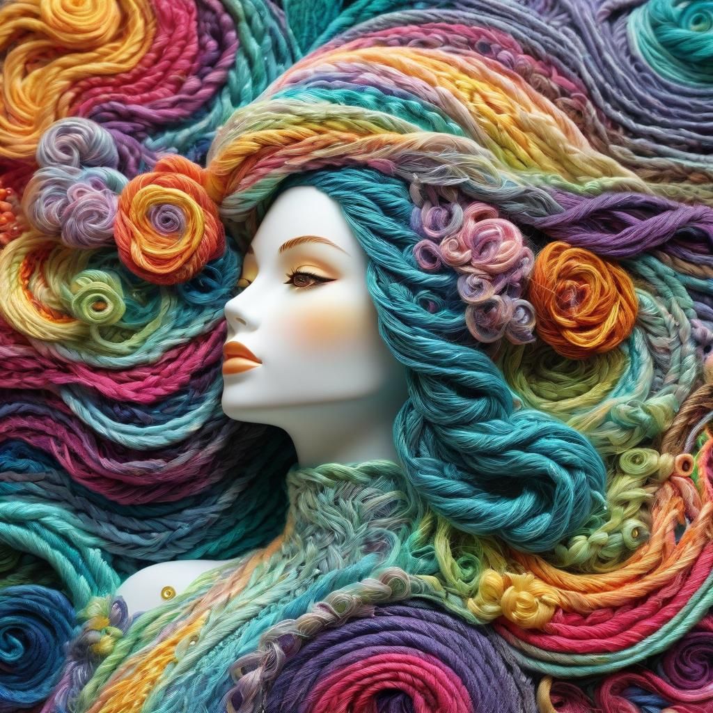Blissful Woman in Yarn Art Landscape